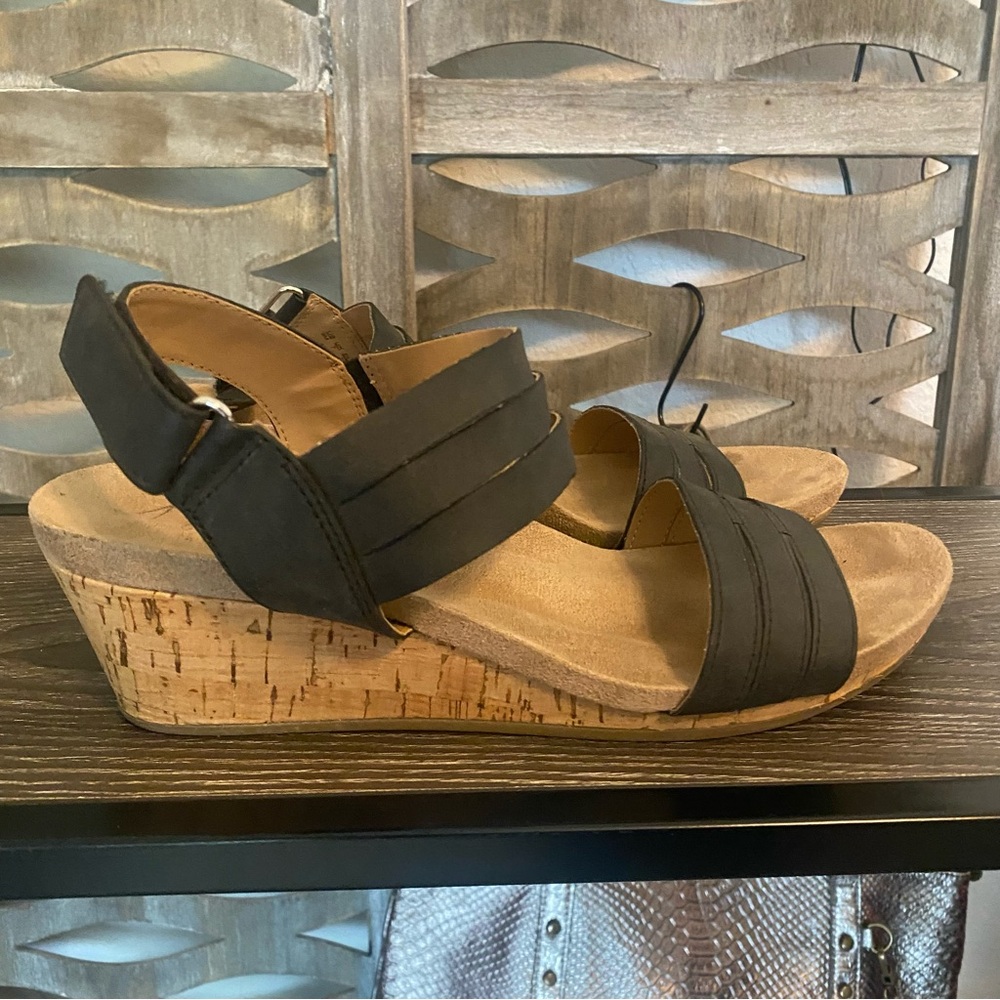 Abella Black Wedge Sandals with Cork Heel